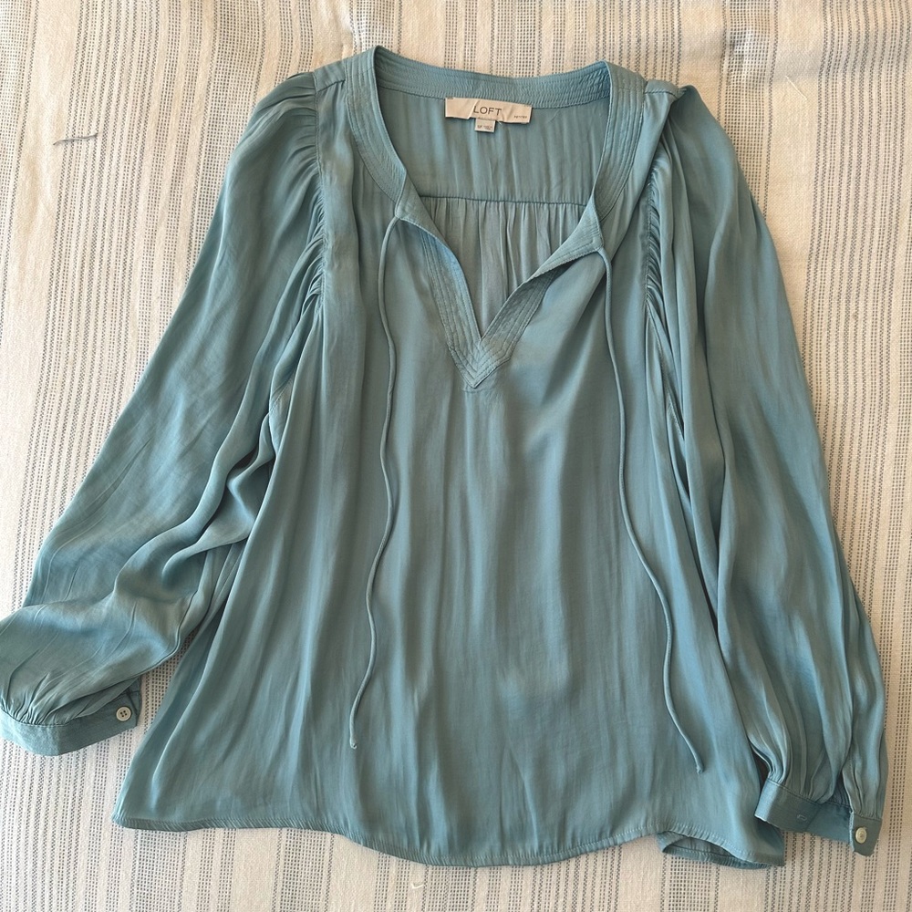 Loft soft blue tie neck blouse